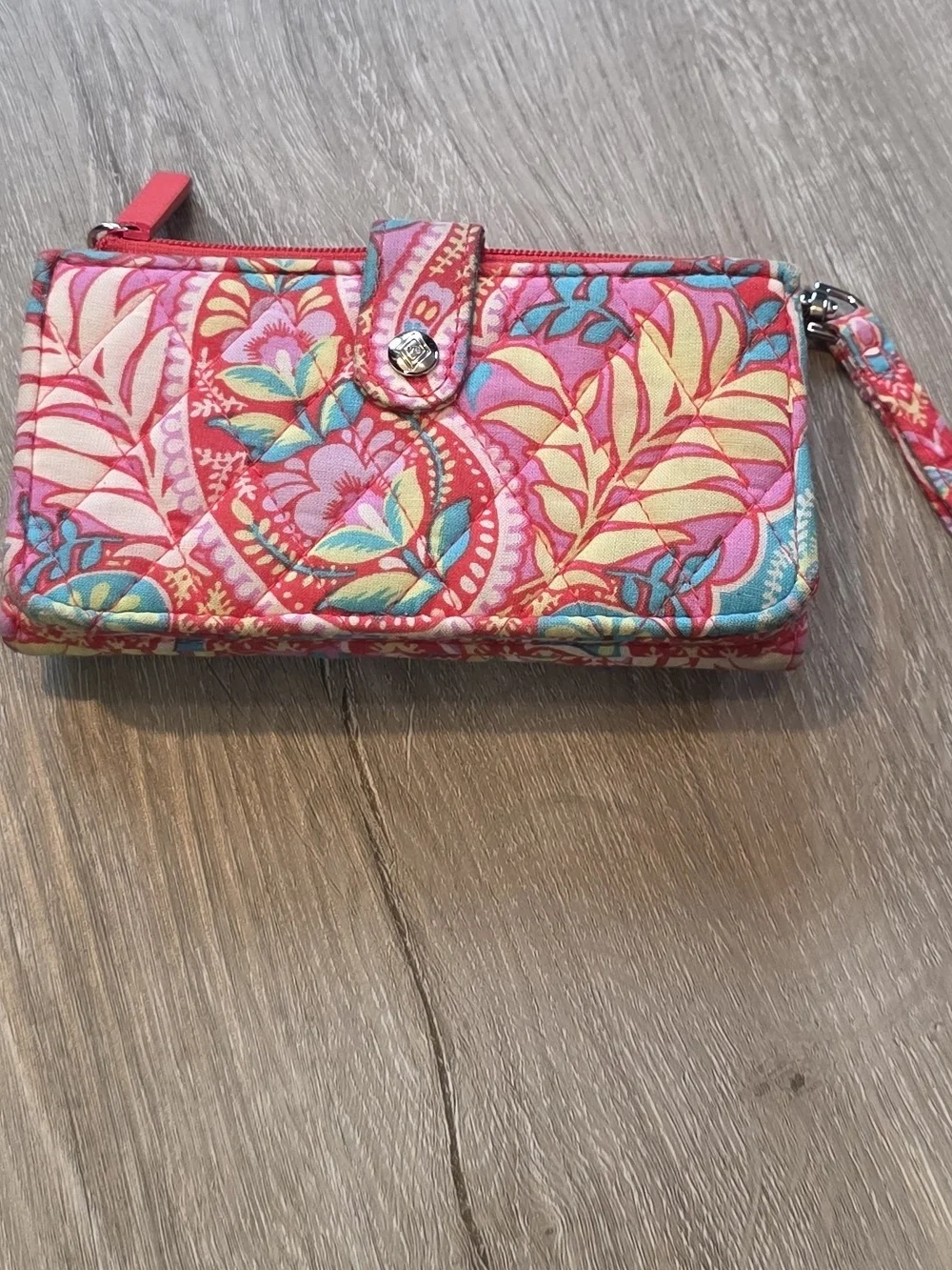 Vera Bradley Pink Teal Yellow Floral Quilted Wristlet - Picture 3 of 4